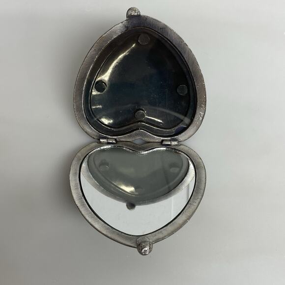 Vintage Pewter Double Compact Mirror & Picture Three Roses w/Basket Weave Clasp - Picture 5 of 6